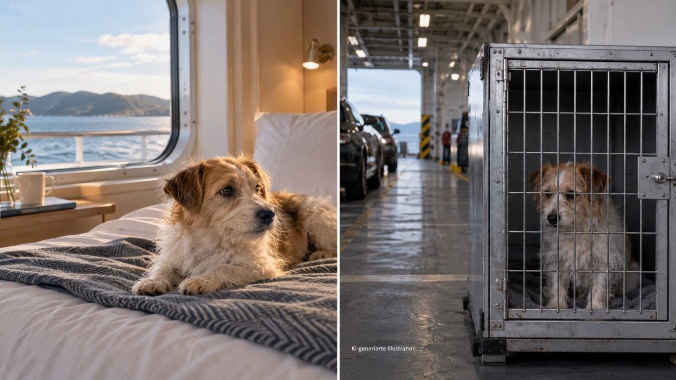 Hund auf Fähre nach Skandinavien Hund liegt auf Bett in einer Außenkabine einer Fähre über das Meer auf dem Weg nach Skandinavien und nebenan liegt der Hund in einer Box
