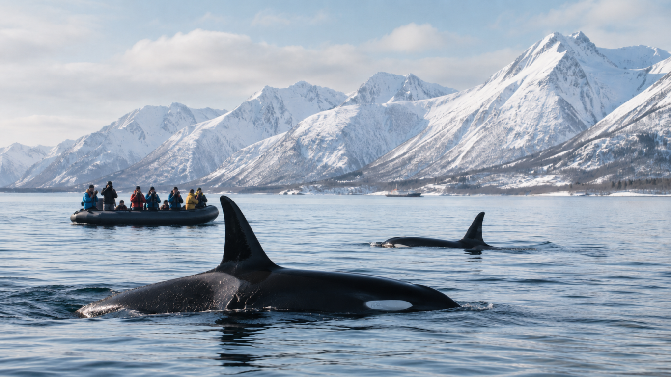Orcas zwischen Eisbergen in Grönland oder der Antarktis. Orcas zwischen großen Eisbergen in einer arktischen Meereslandschaft.